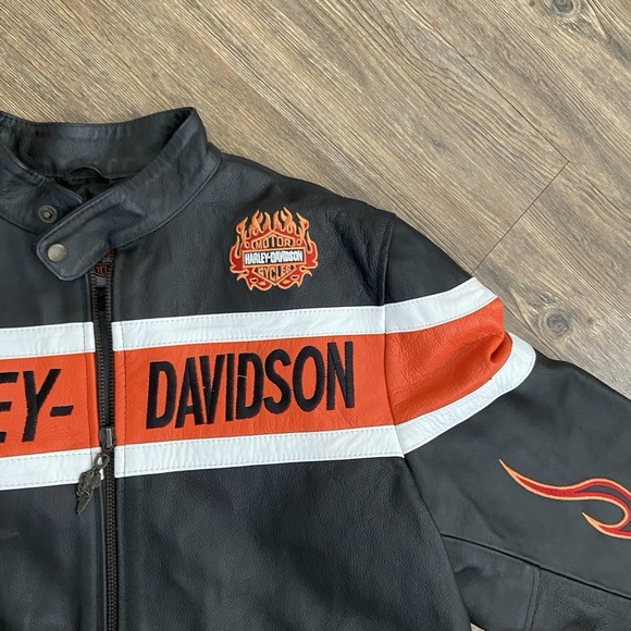 Vintage Harley Davidson Men's USA Genuine Black Orange Leather Riding Jacket 3XL - Picture 5 of 11